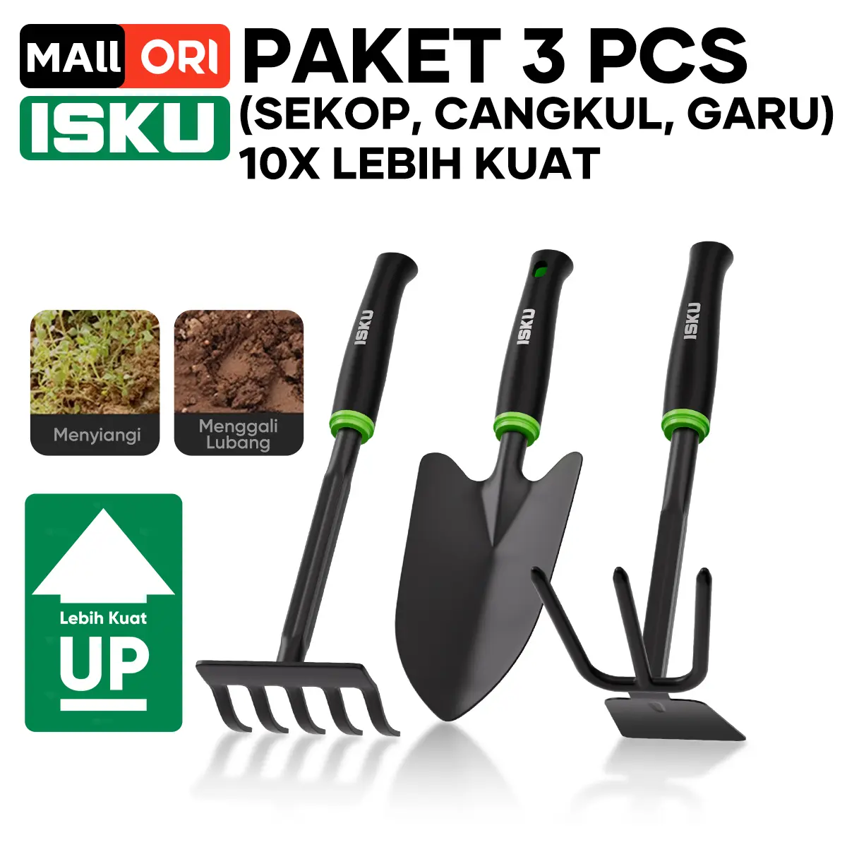 ISKU Alat Berkebun Set 3 in 1 Sekop Garu Cangkul Mini Taman Baja Karbon Anti Karat Tahan Beban 50KG Gagang Karet Anti Selip Ergonomis Heavy Duty Perlengkapan Kebun Tanaman Hias Bunga Pot