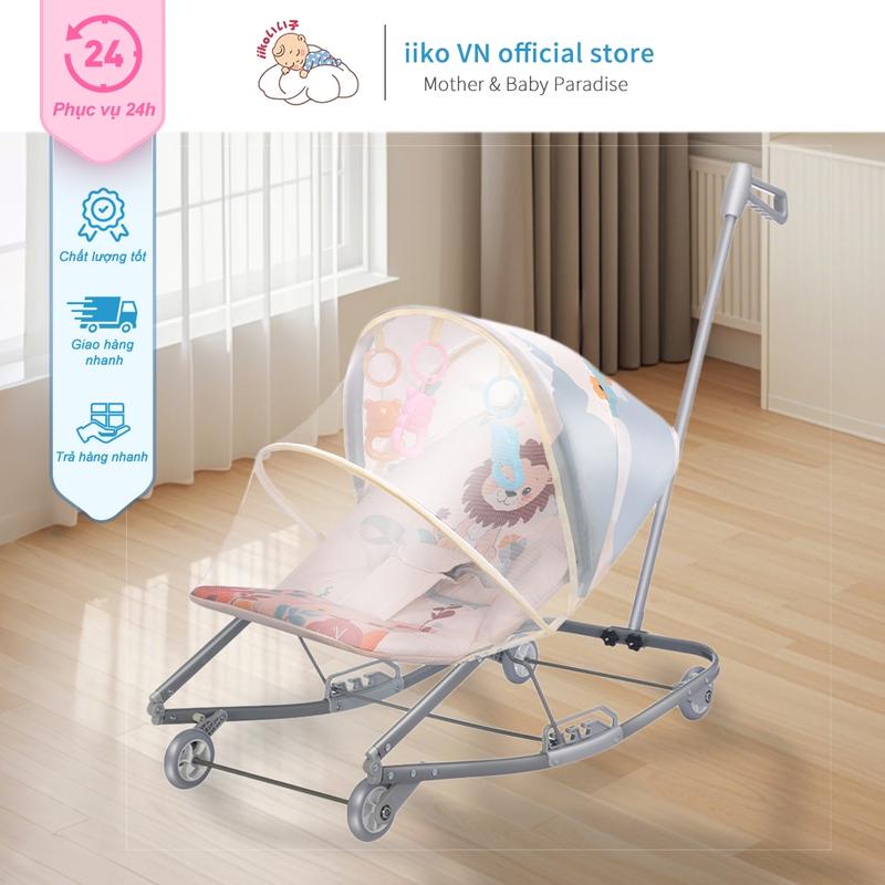 IIKO Ghế bập bênh xe đẩy 3in1-Chống muỗi + xe đẩy & nôi gấp gọn đồ chơi thị giác họa hình ru ngủ tự nhiên