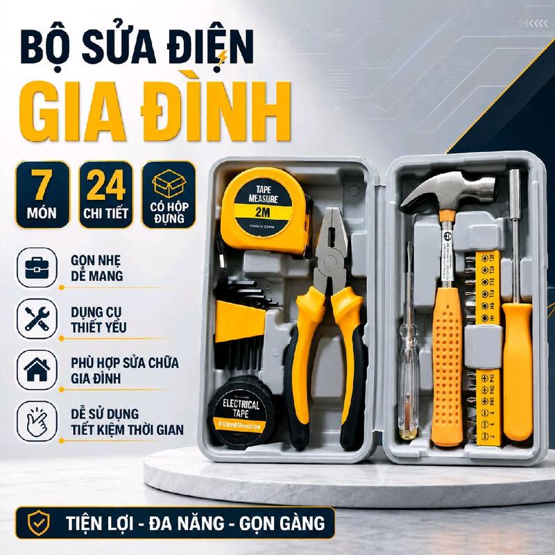 Bộ Dụng Cụ 24 Món Tua Vít, Kìm, Búa, Bút Thử Điện Đa Năng, Dụng Cụ Sửa Chữa Gia…
