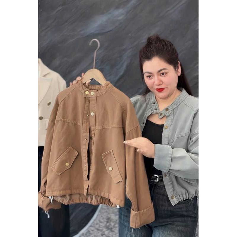 481 BIGGSIZE Áo khoác jeans nữ dài tay cổ tàu tạo kiểu cúc bấm