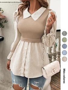 Blusa de estampado de rayas para mujer, elegante top de manga larga con cuello para primavera y otoño, ropa de mujer para uso diario