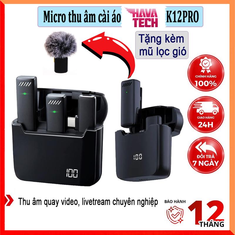  Micro K12pro thu âm không dây cài áo giúp lọc ồn hiệu quả dể dàng kết nối điện thoại quay video livestream chuẩn giọng hiệu ứng âm vang 