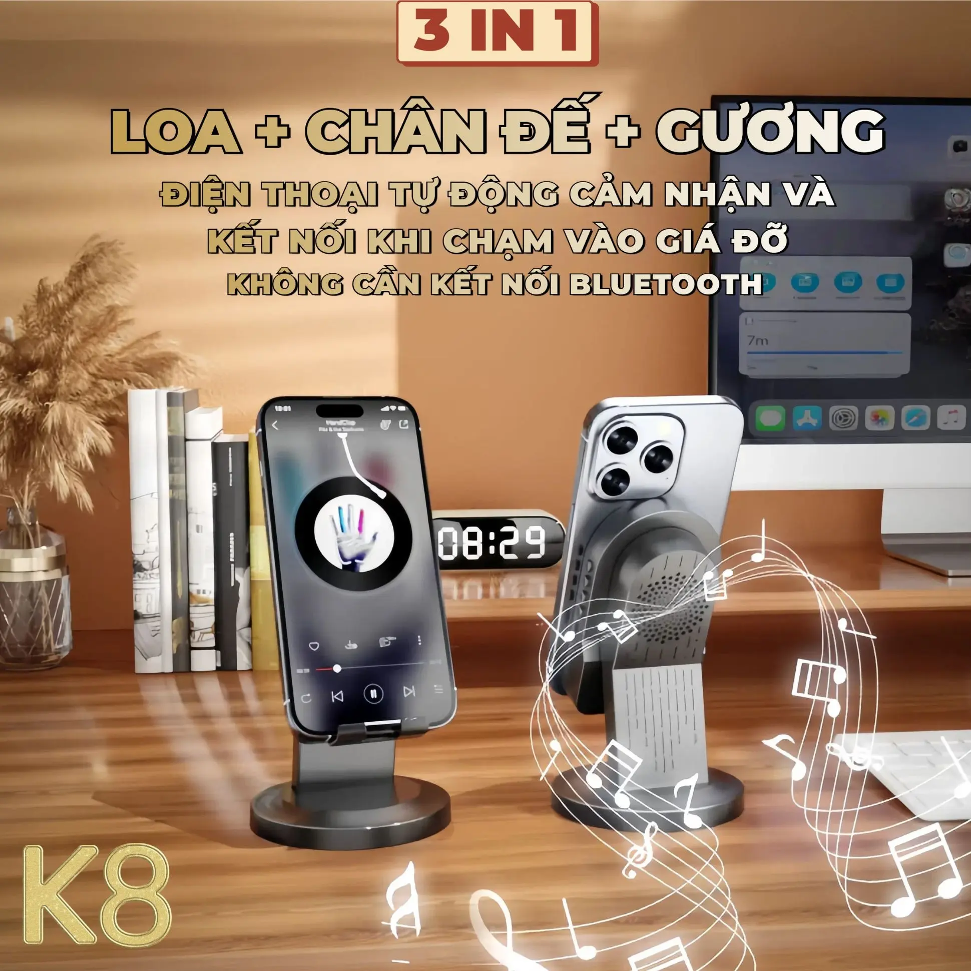 K8 Loa Cảm Ứng Không Dây (3 trong 1) Chân Đế Đa Chức Năng + Âm thanh cảm ứng/ Bluetooth Loa + Gương Trang Điểm, Kết Nối Cảm Ứng, Không Cần Kết Nối Bluetooth