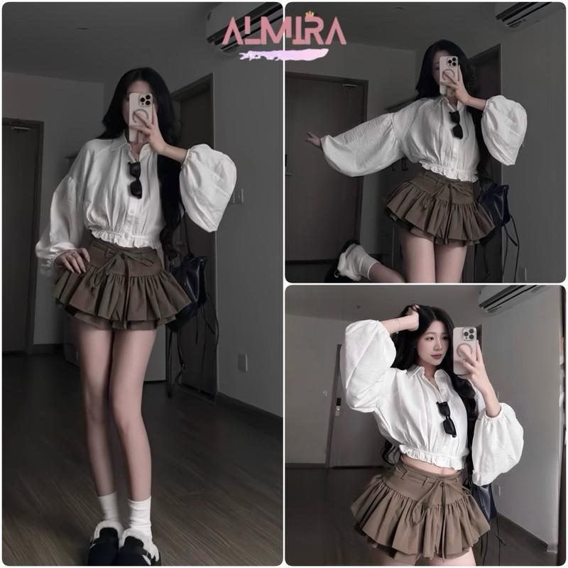  Sét Váy Nữ Hottrend Gồm Áo Sơ Mi Đũi Tay Phồng Croptop + Chân Váy Thô Xoè Bồng Thắt Dây 