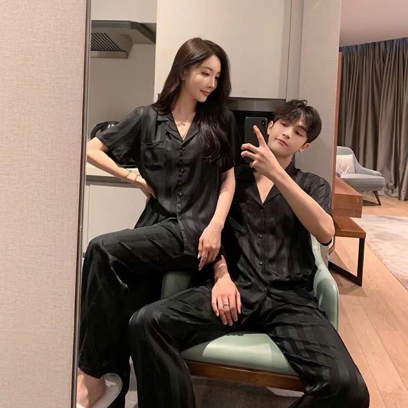 Bộ Ngủ Nam Nữ Pijama Cộc Tay  Lụa Gấm Sang Chảnh Lụa Mùa Hè Mùa Đông Nhung Đen Miễn Phí Shipp Chất Liệu Mềm Mịn Thoáng Khí