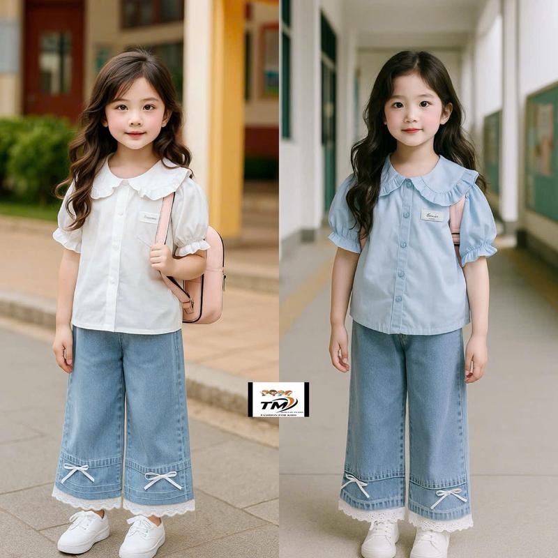 [Nini Kids]-DEAL MỞ BÁN  Sét áo kèm quần Jean mềm cho bé Gái chất liệu mềm mát đủ size 8-35kg ( H8- sơ mi xanh trăng)