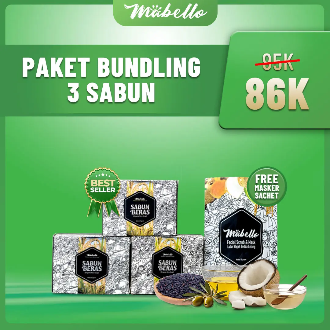 Mabello Bundling 3 Sabun Beras Hitam Free Masker/ Perawatan Tubuh/ Pencerah Tangan/ Niacinamide/ minyak Kelapa Zaitun keperluan Mandi