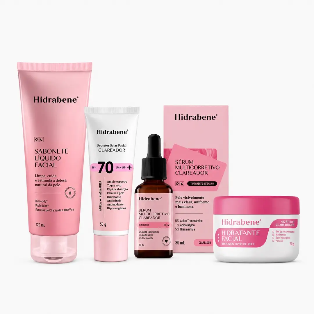 Kit Clareador Facial - Protetor Solar Facial FPS70 Clareador 50g + Sérum Multicorretivo Clareador 30ml + Sabonete Líquido Facial 120ml