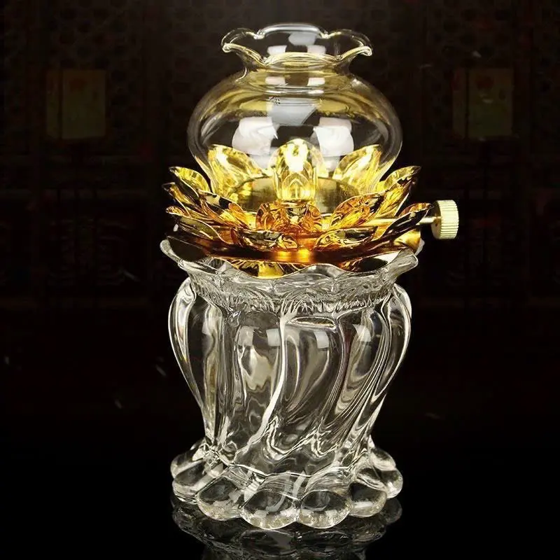 Đèn dầu soắn lưu ly thuỷ tinh cao 15cm. Đèn thờ hoa sen thắp dầu.