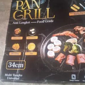 Alat Grill Panggang Panggangan BBQ Bulat Kompor Anti Lengket/Wajan Pemanggang BBQ Grill Pan Anti Lengket Serbaguna 34 cm Portable Kitchenware