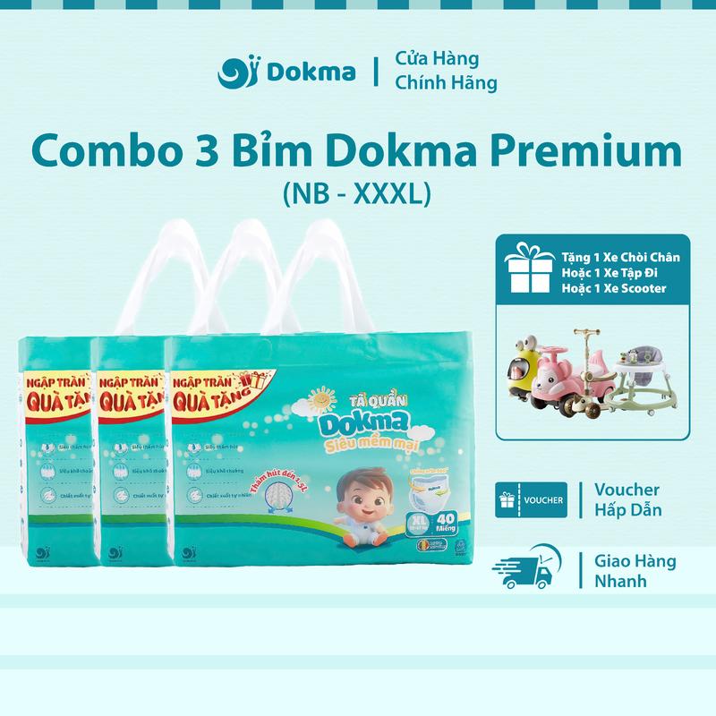 Combo 3 Bịch Bỉm Tã Cho Bé DOKMA Premium Siêu Thấm Hút Mềm Mại Thoải Mái Tiết Kiệm Cho Mẹ 60 Miếng NB - XXXL