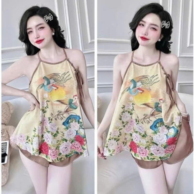 Set đồ nữ áo cổ yếm in 3D sang trọng vải phi lụa mềm mịn mát Freesize 40-58kg Women Quần Ngủ Lolita Tay Loe