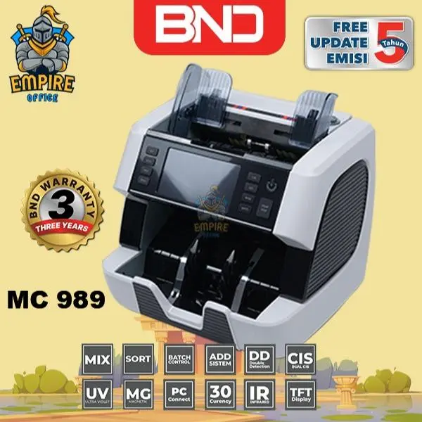 MESIN PENGHITUNG UANG TOP LOADING | BND MC 989 | MIX MONEY, SORTING, 2 CIS, MG, UV, IR, DOUBLE DETECTION NOTE | 30 MATA UANG, RUPIAH, DOLAR, EURO | KECEPATAN DAPAT DISESUAIKAN | GARANSI 3 TAHUN | FREE 5 YEARS UPDATE CURRENCY | ORIGINAL - MC 989