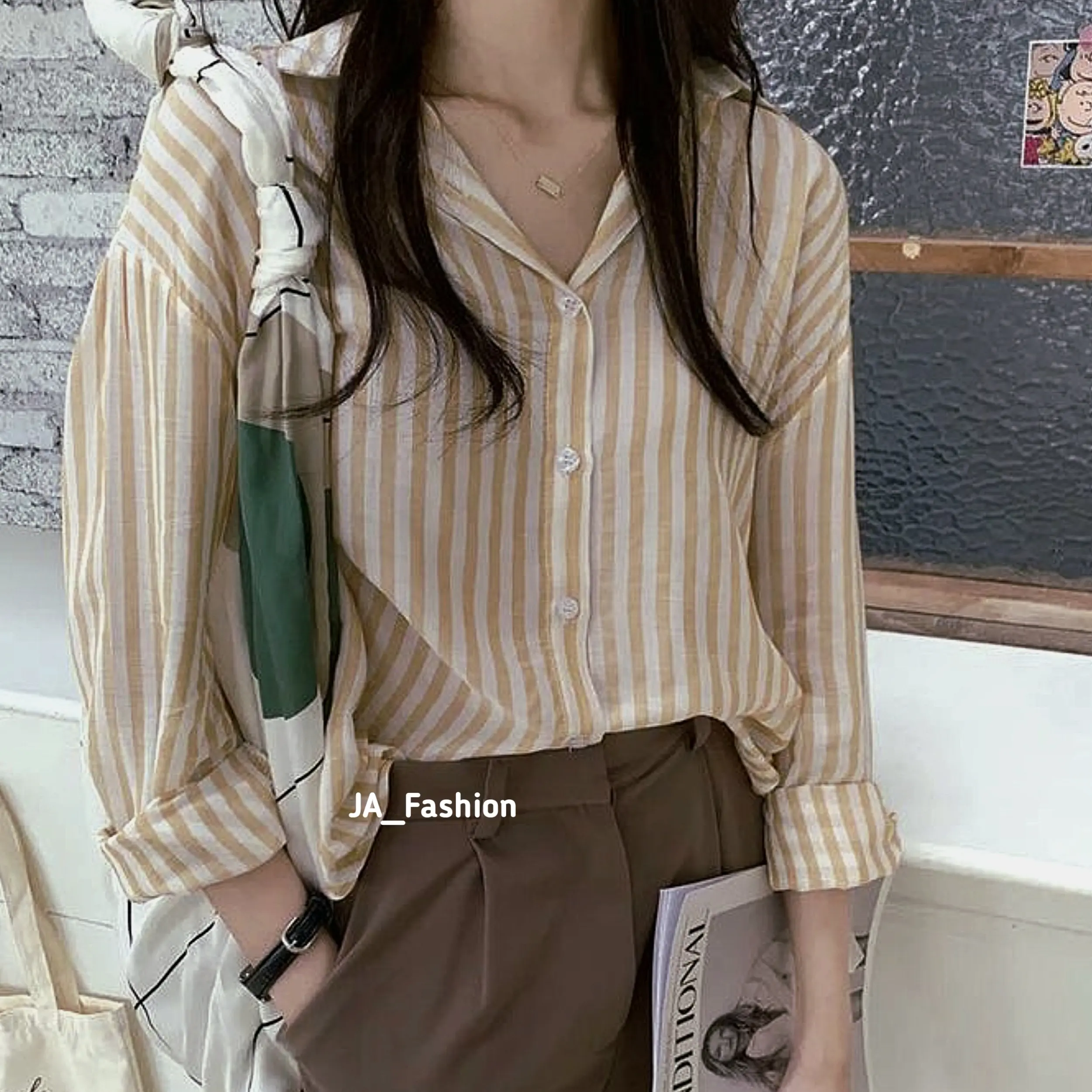 Kemeja Stripe Shirt Motif Salur Bergaris Simpel Blus Kemeja Wanita Lengan Panjang