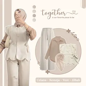 Setelan Remaja Kekinian 4in1 (Cheris Vest Cream - Kemeja Basic - Celana Kulot Knit - Jilbab) OOTD Atasan Casual For Hangout LO34N
