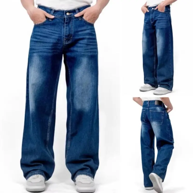 Youjins - Celana Baggy Retro Jeans Whisker Unisex Standard Basic Denim Korean Style Cowok Hitam Slim Fit Straight 8