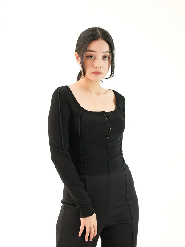 【Premium】 U Neck Long Sleeve Button Up Slim T-Shirt 7027 (S/M/L) 7