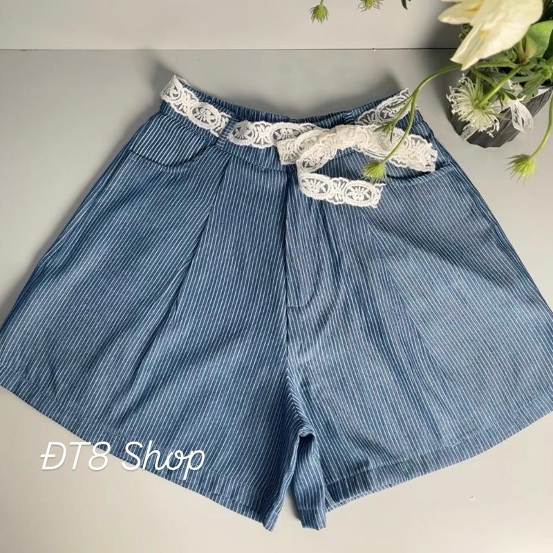 Quần Đùi, Quần Short Nữ Chất Jean Mềm Kẻ Sọc Cạp Khóa, Chun Sau ( Tặng Kèm Dây Nơ ) 2
