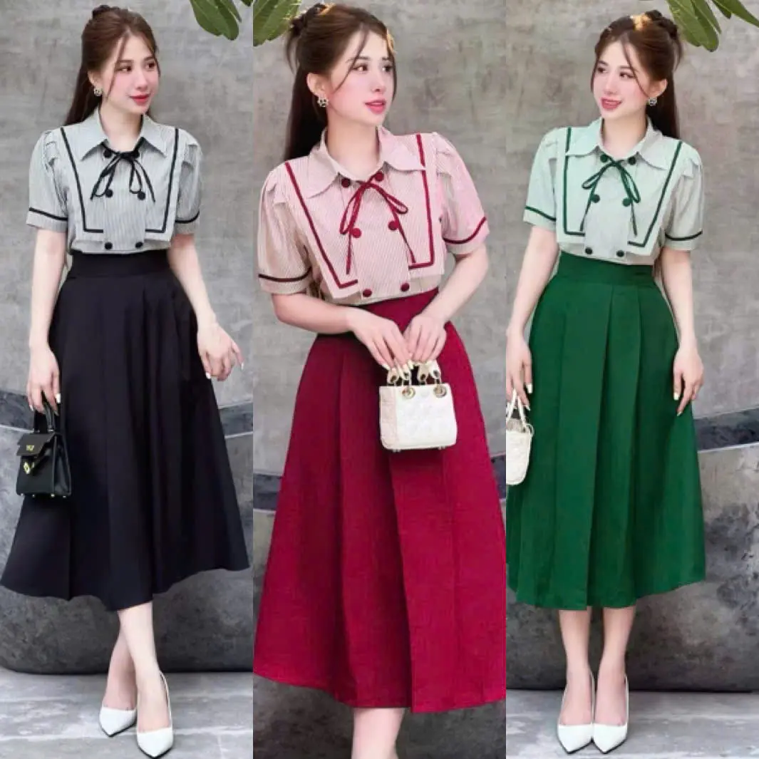 Thời Trang Nữ Bigsize 40-95Kg - Set Áo Dài Qua Gối Chân Váy Dự Tiệc - Dress, Women Top Cotton