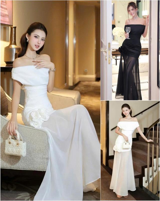 A123A Đầm Dự Tiệc Trễ Vai Váy maxxi đuôi cá quấn hoa xếp ly tôn dáng 2 màu trắng và đen mặc đi bàn chụp hình cưới party - Akara Closet