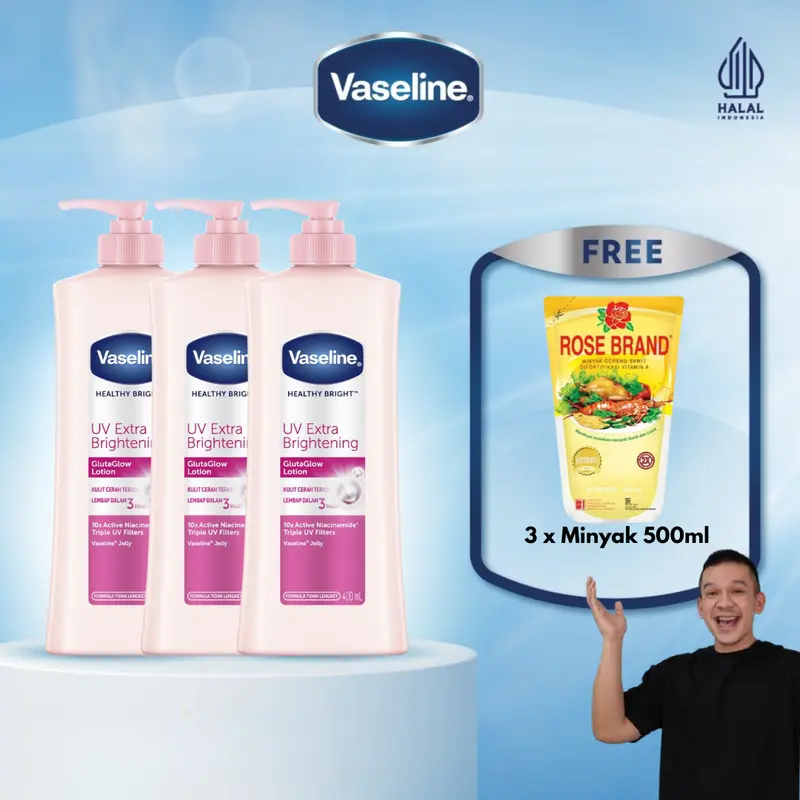[FREE 3 MINYAK 500ml] Vaseline Healthy Bright UV Extra Brightening 400ml Triplepack 0