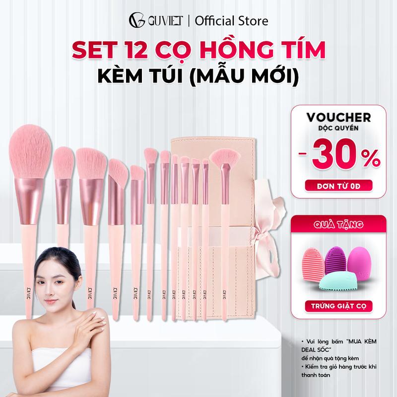  Bộ cọ trang điểm cá nhân GUVIET  gồm 12 cọ màu hồng tím kèm theo túi đựng hoặc ống cắm   mẫu mới  