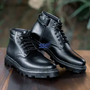Sepatu PDH Pria Polri TNI Polisi Satpam Security Resleting Hitam Doff Kilap Bahan Kulit Sintetis Kualitas Tinggi Tali 120cm Anti Slip Made in Bandung Boots Shoes Karet Kerja