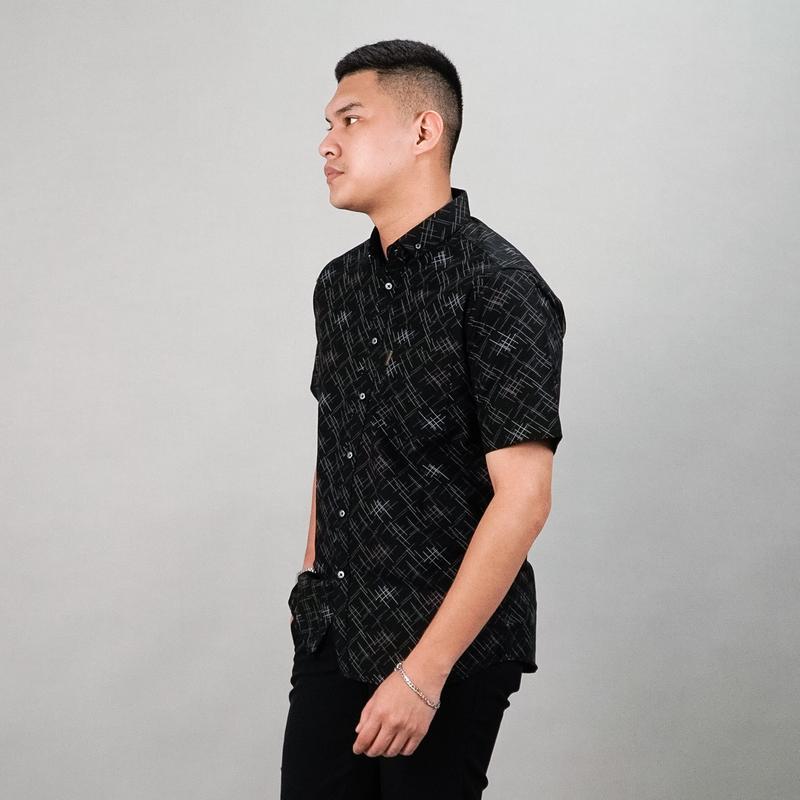 PF - Kemeja Motif Pria Verdant Full Printing Lengan Pendek Casual M-XL Baju Atasan Cowok Slimfit Bahan Katun Hem Formal Dewasa Distro Kerja Hitam 5