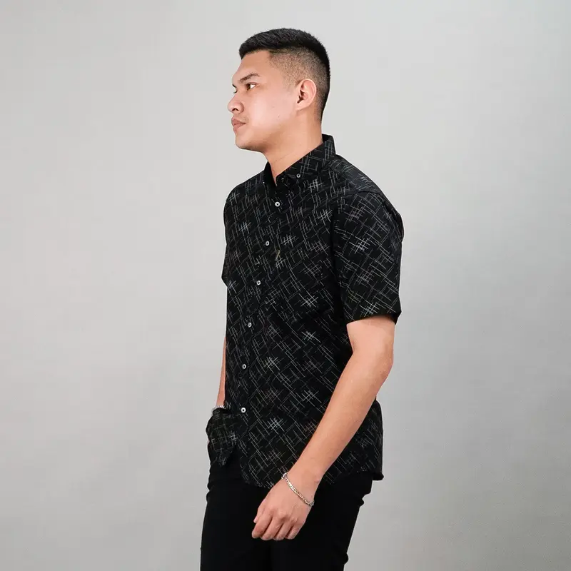 PF - Kemeja Motif Pria Verdant Full Printing Lengan Pendek Casual M-XL Baju Atasan Cowok Slimfit Bahan Katun Hem Formal Dewasa Distro Kerja Hitam 4
