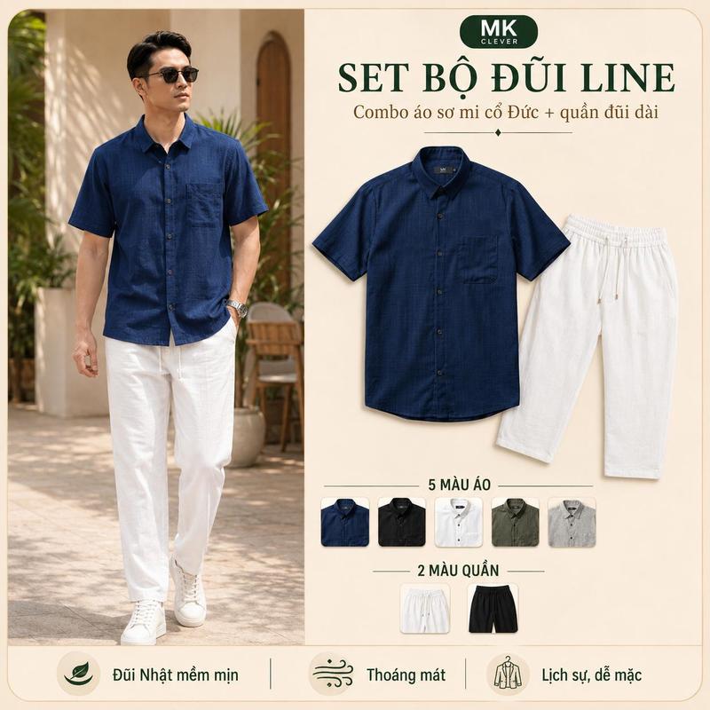 Set bộ Áo Sơ Mi Đũi Line , Quần Đũi Dài MK CLEVER Đồ bộ nam Form Thoáng Mát, Set Đồ Nam Trẻ Trung Mùa Hè