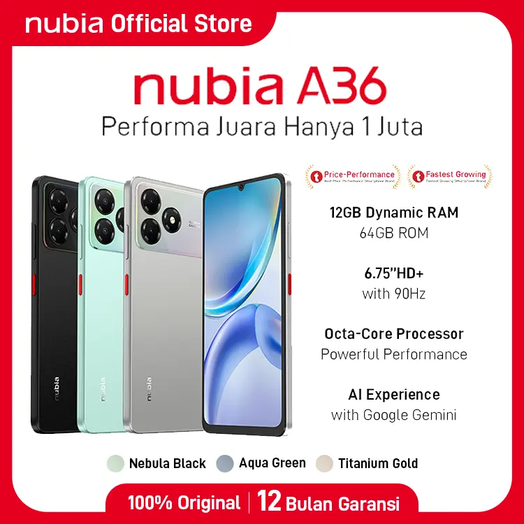 [DISKON BOSQUE] Handphone nubia A36 ROM 64GB RAM 12GB (4+8GB) Smartphone Kamera AI 13MP Layar 6.75" 90Hz, Baterai 5000mAh Fast Charging