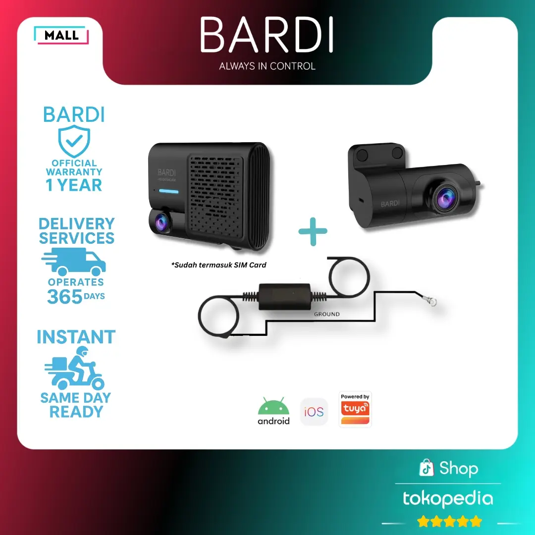 BARDI Dashcam dengan SIM Card Front Rear Hardwiring Kit Kamera Mobil Full HD 30FPS Pengawasan Optimal & Notifikasi Kecepatan Mobil
