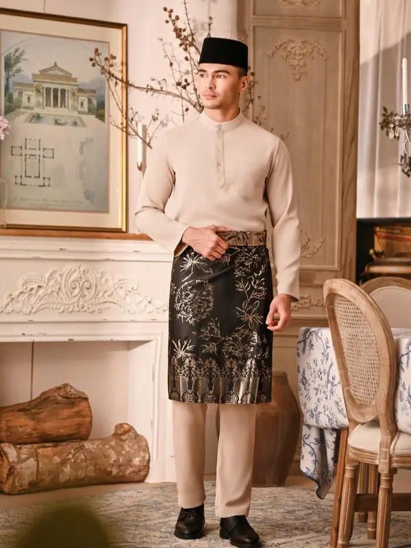 Satu Set Baju Celana dan kain songket/rumpak Teluk Belanga Cekak Musang Pria Melayu Kurung Setelan Pakaian Adat Malaysia Riau Koko Dewasa 4