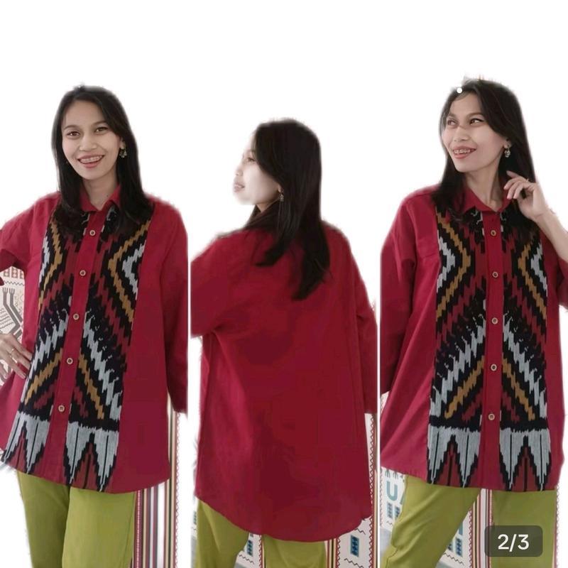 kemeja wanita tenun kamau Baju Katun Panjang Oversize Dewasa Atasan Cewek 1