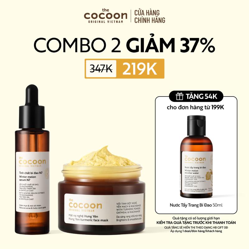 COMBO Tinh chất bí đao N7 (serum) 7% Niacinamide sạch mụn chuyên sâu & mờ vết thâm Cocoon 30ml + Mặt nạ nghệ Hưng Yên 30ml