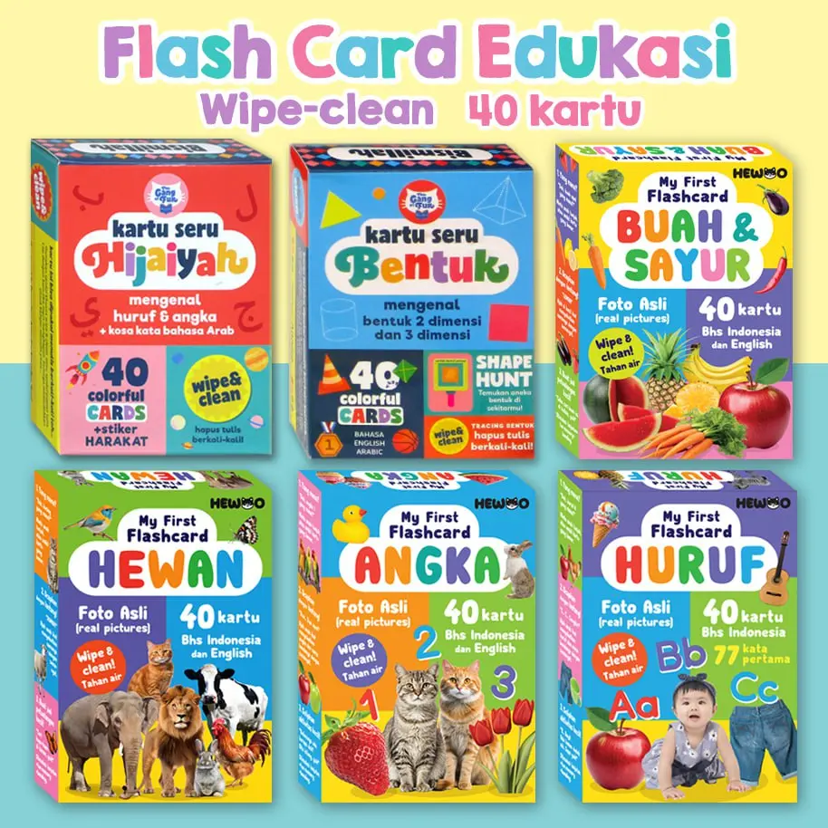 Kartu Edukasi Anak Hijaiyah, Hewan, Angka, Huruf, Bentuk & Buah Sayur (wipe clean flash card bisa tulis hapus)