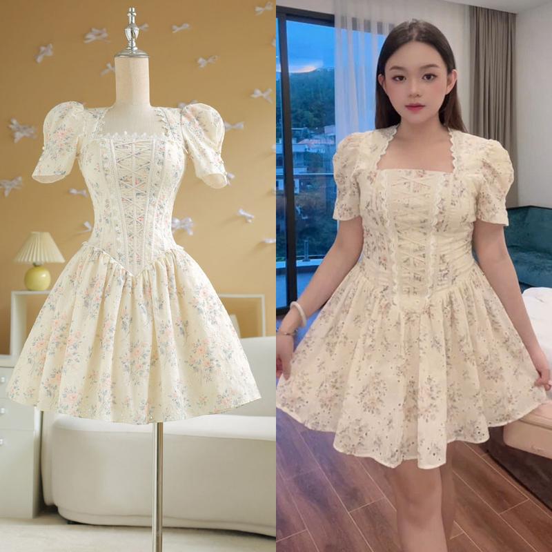 Bigsize nista Đầm Tiều Thư Xô Thêu Viền Ren Tay Bồng Tùng Xếp Xòe Cách Điệu Bigsize từ 60-90kg Women Nữ Dress Voan Kem Váy Thường Mặc Váy Dự Tiệc đầm bồng bềnh công chúa hoa tay