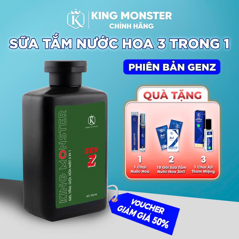    KingMonster   sữa tắm gội rửa mặt 3in1 hương nước hoa cao cấp phiên bản GENZ 350ml   Tặng 1 xịt thơm miệng+ 1 dây 10 gói   