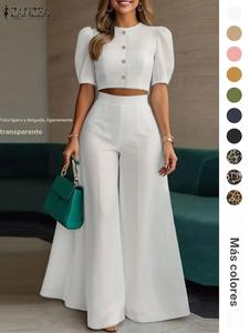 Conjunto de Dos Piezas para Mujer con Top Corto Liso y Pantalones de Cintura Alta y Pierna Ancha, Top Elegante de Moda y Pantalones de Cintura Alta para Uso Diario, Ropa de Mujer para Verano