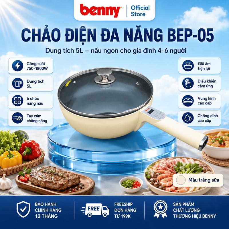 Chảo điện 5 lít đa năng BEP-05 750-1800W 6 chức năng nấu lẩu chiên xào rán bảng…