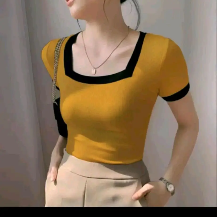 Ayel Fashion Korean Contrast Binding Square Neck Tee Full Length T Shirt For Women Short Sleeve