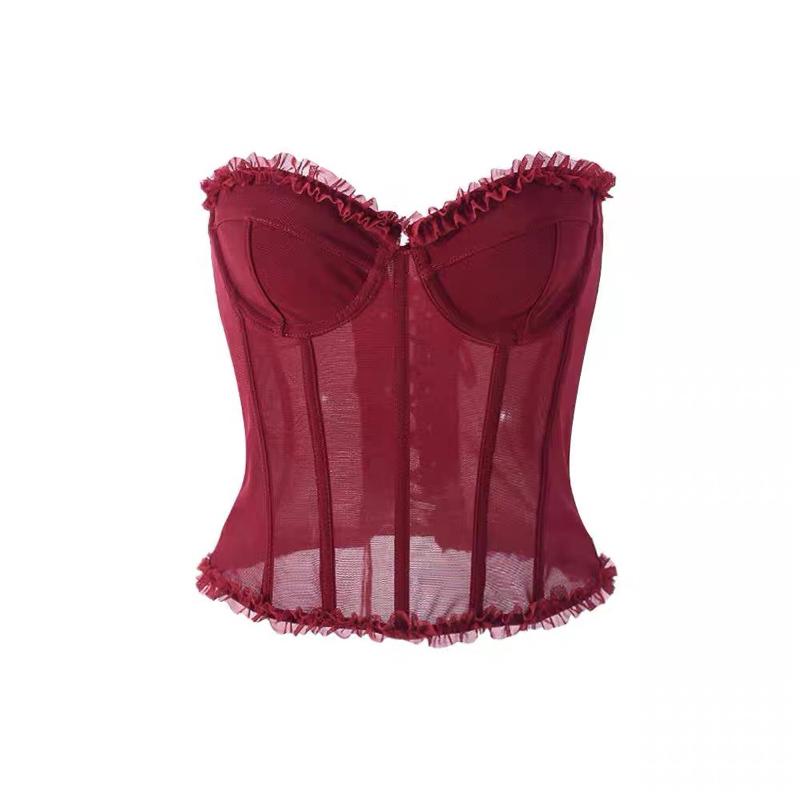 E1 - Áo corset ống thời trang hè 2025 trendy có xương định hình đỏ đen trắng nâu hồng xanh ôm body ren lưới dây rút