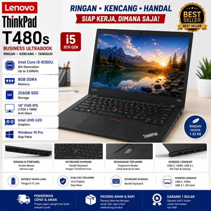 [Pre-owned]Laptop Lenovo ThinkPad T480s Core i5 Gen 8 RAM 8GB SSD 256GB 14 Inch FHD IPS Windows 11 Tipis Ringan