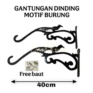 Gantungan Sangkar Burung Tempel Dinding Motif Burung Cor, Besi Kokoh, Ukuran Besar 40 cm