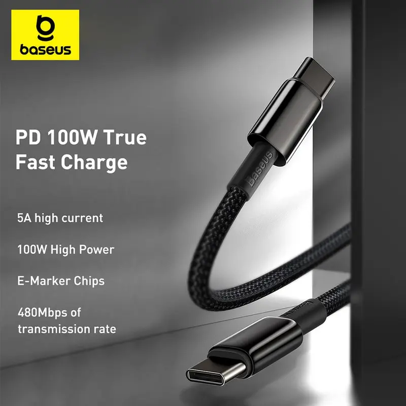 Baseus Tungsten Gold Fast Charging Data Cable Type-C to Type-C 100W 1Meter Black | Kabel Charging Type-C Hitam Wire 1