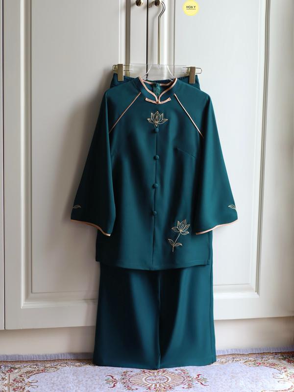  DL158 XANH NGỌC LỤC BẢO   Họa Y Pháp Phục  bộ Đồ Lam Đi Chùa Nữ big size phật  tử truyền thống thiết chất lụa tuyết Women hoa sen trung niên cho mẹ áo bà ba phục kế cao cấp tràng 