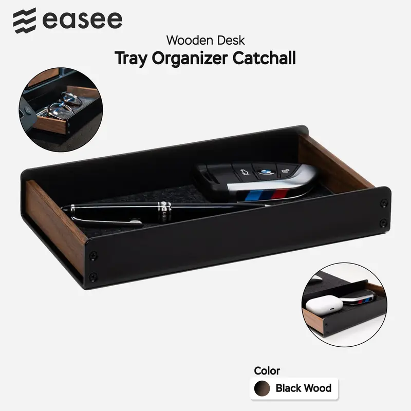 Wooden Desk Tray Organizer Box - Catchall Wood with Metal Felt Premium 0