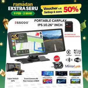 ESSGOO 10.26“ Dashcam Mobil 4K HD  Layar Sentuh Lensa Ganda Perekaman Loop Deteksi Gerakan Carplay