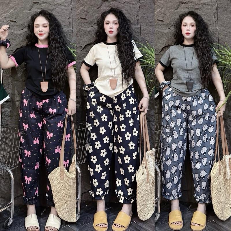 Bộ áo THUN TĂM tay ngắn form ôm vừa cổ tròn , quần đũi baggy in hoa viền may ren Top Women Nữ