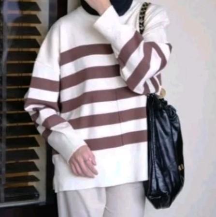 Sweater rajut oversize stripe-Diora premium Knitwear Atasan Wanita Motif Kerah Bulat Baju Fit 5